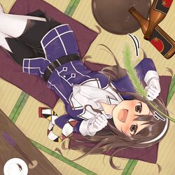  :d ashigara_(kancolle) ashigara_kai_ni_(kancolle) black_skirt blouse blush bottle brown_eyes brown_hair chopsticks claw_pose cushion drunk female gloves hairband kantai_collection kunori_komato long_hair looking_up lying oerba_yun_fang on_back pantyhose plate sake_bottle shirt skirt smile solo table tatami tray uniform wavy_hair white_gloves white_pantyhose white_shirt zabuton 