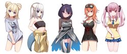  5girls absurdres black_nightgown blue_hair breasts cleavage collared_shirt cosplay costume_switch fins fish_tail flat_chest gawr_gura gawr_gura_(cosplay) gawr_gura_(school_uniform) grey_hair group_costume_switch highres hololive hololive_english holomyth large_breasts lineup long_hair looking_at_viewer mori_calliope mori_calliope_(cosplay) mori_calliope_(sleepwear) multicolored_hair multiple_girls nightgown ninomae_ina&#039;nis ninomae_ina&#039;nis_(cosplay) ninomae_ina&#039;nis_(loungewear) purple_hair school_uniform shark_girl shark_tail shirt skaarl_(artist) small_breasts spacesuit streaked_hair tail takanashi_kiara takanashi_kiara_(cosplay) takanashi_kiara_(knight) tentacle_hair vest virtual_youtuber watson_amelia watson_amelia_(astronaut) watson_amelia_(cosplay) white_shirt yellow_vest 