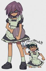  2boys ^_^ alternate_costume apron black_dress black_hair choker closed_eyes crossdressing cup dress enmaided grey_background maid maid_headdress male_focus multiple_boys open_mouth paul_(pokemon) pokemon pokemon_(anime) pokemon_dppt_(anime) puffy_short_sleeves puffy_sleeves purple_hair sameyama_jiro satoshi_(pokemon) shaded_face short_sleeves simple_background socks spiked_hair standing white_apron white_socks 