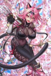  :3 animal_ears armor black_bodysuit black_gloves bodysuit breasts cat_ears cat_girl cat_tail catsuit cherry_blossoms claws covered_navel fangs female gloves headband hybridmink large_breasts neptune_(series) ninja pink_eyes pink_hair senran_kagura senran_nin_nin_ninja_taisen_neptune:_shoujo-tachi_no_kyouen short_hair shoulder_armor solo tail vambraces yuuki_(senran_nin_nin_ninja_taisen_neptune_shoujo_no_kyouen) 