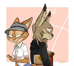  anthro bad_guy_cafe brown_body brown_eyes brown_fur clothing colt_lasky domestic_cat duo eyewear felid feline felis female fur glasses hat headgear headwear jewelry lynx male mammal ocerydia pendant sand_fur sarha_solar 