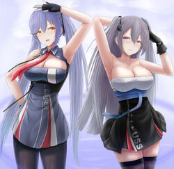  2girls :d archstreal arm_up armpits arms_up azur_lane bare_shoulders black_dress black_gloves black_pantyhose black_ribbon black_thighhighs blue_dress blue_eyes blue_gloves blue_hair braid breasts character_name cleavage cleavage_cutout closed_mouth clothing_cutout collarbone collared_dress commentary cowboy_shot dress english_commentary essex_(azur_lane) eyebrows_hidden_by_hair french_braid gloves grey_hair hair_between_eyes hair_ornament hair_ribbon hand_on_own_hip highres intrepid_(azur_lane) large_breasts long_hair looking_at_another mole mole_on_breast multiple_girls necktie no_cape open_mouth pantyhose partially_fingerless_gloves photoshop_(medium) red_necktie revision ribbon sidelocks sleeveless sleeveless_dress smile standing strap strapless strapless_dress thighhighs twintails underbust very_long_hair yellow_eyes zettai_ryouiki 