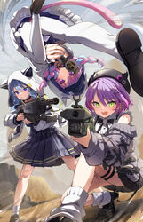  3girls animal_hood apex_legends b3_wingman baseball_cap black_bow black_bowtie black_footwear black_headwear black_skirt blue_choker blue_eyes blue_hair blue_headwear blue_nails blue_skirt bow bowtie braid cardigan cat_tail choker commentary demon_tail earrings green_eyes green_nails grey_cardigan grin gun hair_between_eyes hair_ornament hairclip hat highres holding holding_gun holding_weapon hololive hood hood_up hooded_jacket horned_hat hoshimachi_suisei hoshimachi_suisei_(school_uniform) jacket jewelry jirai_kei jumping leg_tattoo light_particles long_hair long_sleeves looking_at_viewer m1904_mastiff minato_aqua minato_aqua_(sailor) multicolored_hair multiple_girls nail_polish off_shoulder official_alternate_costume open_cardigan open_clothes open_jacket open_mouth pantyhose parted_lips piercing pink_hair pleated_skirt purple_eyes purple_hair rampage_lmg ribbon_choker shirt shoes short_hair skirt sleeveless sleeveless_shirt smile socks standing startend_(hololive) summer_tail720 tail tail_ornament tail_piercing tattoo thigh_strap tokoyami_towa tokoyami_towa_(jirai_kei) twin_braids twintails two-tone_hair virtual_youtuber weapon white_jacket white_pantyhose white_shirt white_socks x_hair_ornament 