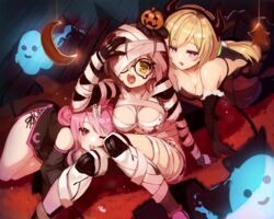  3girls aki_rosenthal bandages blonde_hair blood blood_stain blush bob_cut breasts brown_hair cleavage commentary_request demon_costume demon_horns demon_wings fake_horns fake_wings fur-trimmed_gloves fur_trim ghost glasses gloves hair_bun halloween halloween_costume highres himemori_luna hololive horns indoors jack-o&#039;-lantern long_hair looking_at_viewer mechanical_arms mechanical_legs miniskirt moon_(ornament) multiple_girls mummy_costume open_mouth partial_commentary pink_hair purple_eyes roboco-san short_hair single_side_bun skirt star_(symbol) sue_(bg-bros) teardrop-framed_glasses teeth thighhighs translated upper_teeth_only virtual_youtuber wavy_hair wings yellow_eyes 