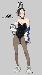  absurdres animal_ears black_hair blush collar ear_piercing female full_body highres iwado_anna jacket kamezaemon multicolored_hair original pantyhose piercing playboy_bunny rabbit_ears shoes short_hair sneakers solo unworn_jacket 