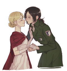  2girls alternate_costume bad_id bad_pixiv_id black_hair blonde_hair blush cape closed_eyes closed_mouth coat collar collared_shirt commentary_request emblem face-to-face freckles from_side gloves green_coat hair_ribbon hand_on_another&#039;s_chest highres holding_hands imminent_kiss krista_lenz long_sleeves medium_hair military military_uniform multiple_girls paradis_military_uniform parted_bangs parted_lips pi0w0pi pocket ponytail red_cape red_ribbon ribbon shingeki_no_kyojin shirt simple_background smile standing uniform upper_body white_background white_gloves white_shirt ymir_(shingeki_no_kyojin) yuri 