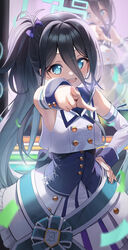  aris_(blue_archive) armpits black_hair blue_archive blue_eyes breasts dancing detached_sleeves female hair_between_eyes halo highres hutosutoro idol long_hair long_hair_between_eyes mischievous_straight_uniform_(blue_archive) music open_mouth pleated_skirt pointing pointing_at_viewer ribbon ringed_eyes sailor_collar side_ponytail singing skirt small_breasts solo stage very_long_hair 