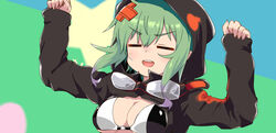  =_= arms_up bikini bikini_top_only black_bikini black_jacket breasts cleavage closed_eyes commentary_request digimon digimon_world_re:digitize female goggles goggles_around_neck green_hair hair_between_eyes hair_ornament hood hood_up hooded_jacket jacket long_sleeves medium_breasts multicolored_background n36hoko open_mouth parody partially_unzipped shinomiya_rina short_hair short_hair_with_long_locks sidelocks solo standing swimsuit teeth tracen_ondo_(song) two-tone_bikini umamusume upper_body upper_teeth_only white_bikini x_hair_ornament 