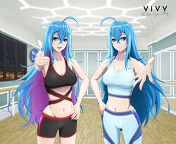  2girls :d absurdres ahoge bare_arms bike_shorts black_shorts black_sports_bra blue_eyes blue_hair blue_nails blue_pants breasts character_name cleavage clement39 closed_mouth collarbone colored_inner_hair copyright_name crop_top groin hair_between_eyes hand_on_own_hip highres index_finger_raised indoors large_breasts long_hair looking_at_viewer medium_breasts midriff multicolored_hair multiple_girls nail_polish navel open_mouth outstretched_arm pants pink_hair reaching reaching_towards_viewer short_shorts shorts skin_tight smile sports_bra standing stomach straight_hair two-tone_hair very_long_hair vivy vivy:_fluorite_eye&#039;s_song 