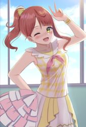  ;d absurdres alternate_hairstyle ascot blunt_bangs blush commentary cowboy_shot day female gingham gingham_shirt hand_on_own_hip hand_up highres looking_at_viewer love_live! love_live!_nijigasaki_high_school_idol_club medium_hair nose_blush one_eye_closed open_mouth panaham pink_ascot pom_pom_(cheerleading) ponytail red_hair shirt sidelighting single_sidelock skirt sleeveless sleeveless_shirt smile solo tareme uehara_ayumu untucked_shirt v white_skirt window yellow_eyes yellow_shirt yellow_wristband 