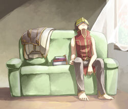  1boy bad_id bad_pixiv_id barefoot book book_on_head book_stack brown_capelet brown_hair brown_pants cape capelet capelet_removed commentary_request couch day full_body indoors male_focus natsuya_(kuttuki) object_on_head on_couch open_book open_mouth pants ragnarok_online red_shirt shirt short_hair sitting sleeveless sleeveless_shirt solo unworn_cape white_cape window wizard_(ragnarok_online) 