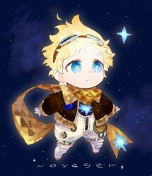  1boy bad_id bad_twitter_id blonde_hair blue_eyes blush bright_pupils character_name chibi english_text fate/grand_order fate/requiem fate_(series) full_body glowing long_sleeves male_focus open_hands parted_bangs scarf short_hair simple_background sky solo space spacesuit star_(sky) star_(symbol) starry_background starry_sky tetsu_(teppei) voyager_(fate) voyager_(third_ascension)_(fate) yellow_scarf 