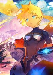  1boy baggy_clothes blonde_hair blue_eyes bright_pupils commentary english_commentary fate/grand_order fate/requiem fate_(series) full_body glowing glowing_eyes goggles goggles_around_neck gradient_background gradient_hair male_focus multicolored_hair noco_(adamas) official_art open_hand open_mouth parted_bangs planet scarf short_hair short_sleeves sky solo space star_(sky) star_(symbol) starry_background starry_sky third-party_source tree voyager_(fate) voyager_(third_ascension)_(fate) water yellow_scarf 