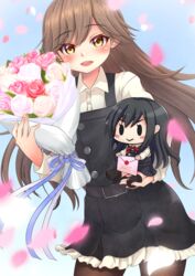  absurdres arashio_(kancolle) arashio_kai_ni_(kancolle) asashio_(kancolle) asashio_kai_ni_(kancolle) black_pantyhose bouquet brown_eyes brown_hair character_doll commentary_request cowboy_shot dress envelope female flower frilled_dress frills happy_birthday highres kantai_collection long_hair long_sleeves looking_at_viewer makura_(y_makura) pantyhose petals pinafore_dress rose shirt sleeveless sleeveless_dress smile solo white_shirt 