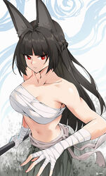  absurdres animal_ears bandaged_hand bandages bandeau bare_shoulders black_hair blunt_bangs braid breasts chest_sarashi cleavage cowboy_shot female french_braid grey_hakama grey_sash hakama highres hoshimi_miyabi japanese_clothes large_breasts linreplica long_hair looking_at_viewer midriff navel red_eyes sarashi solo standing stomach strapless tube_top very_long_hair zenless_zone_zero 