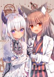  2girls :d ahoge animal_ear_fluff animal_ears bandaged_arm bandaged_hand bandages bandaid bandaid_on_neck belt belt_buckle breasts brown_belt brown_hair buckle capelet commentary_request dress grey_capelet hair_between_eyes highres horns indie_virtual_youtuber japanese_clothes kimono konno_kengo lab_coat long_hair long_sleeves looking_at_viewer multiple_girls obi open_clothes open_mouth parted_lips purple_eyes red_eyes rikujou_haru sash smile striped_clothes striped_kimono unohana_shiune vertical-striped_clothes vertical-striped_kimono very_long_hair virtual_youtuber white_dress white_hair 