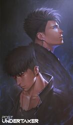  2boys absurdres bad_id bad_twitter_id black_hair blue_eyes collared_jacket ear_piercing earrings glowing glowing_eyes highres jacket jewelry leather leather_jacket looking_down looking_up male_focus messy_hair multiple_boys necklace nickakito open_clothes open_jacket original pectoral_cleavage pectorals piercing red_eyes shirt short_hair spiked_hair stud_earrings torn_clothes undercut upper_body very_short_hair 