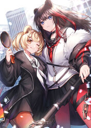  2girls ;) ;p animal_ears arknights bear_ears black_choker black_dress black_hair black_jacket black_skirt blonde_hair blue_eyes brown_eyes cardigan chains choker commentary cowboy_shot coyucom dress frying_pan fur-trimmed_jacket fur_trim gummy_(arknights) hand_up highres holding holding_frying_pan holding_weapon jacket long_hair looking_at_viewer miniskirt multicolored_hair multiple_girls neckerchief off_shoulder one_eye_closed open_clothes open_jacket orange_pantyhose pantyhose parted_lips pleated_skirt red_hair red_neckerchief sailor_collar sailor_dress short_dress short_hair skirt smile standing streaked_hair thigh_strap tongue tongue_out weapon white_cardigan white_neckerchief white_sailor_collar zima_(arknights) 