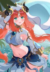  :d absurdres aqua_eyes arm_up armpit_cutout barefoot blue_nails blue_skirt blurry blurry_foreground blush breasts brooch circlet clothing_cutout commentary_request crop_top dot_nose fake_horns female floating_hair flower genshin_impact gold_trim highres holding horns jewelry leg_up long_hair long_sleeves looking_at_viewer low_twintails medium_breasts nail_polish navel neck_ring nilou_(genshin_impact) open_mouth outdoors parted_bangs puffy_long_sleeves puffy_sleeves red_hair rererere_mon skirt smile solo standing standing_on_one_leg stomach thighs toenail_polish toenails toes twintails veil very_long_hair vision_(genshin_impact) water 