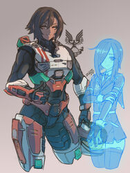  1boy armor bodysuit brown_eyes brown_hair commentary cowboy_shot cropped_legs dark_skin dated english_commentary female formal gradient_background grey_background hair_over_one_eye halo_(series) halo_infinite height_difference helmet highres holding hologram long_hair looking_at_viewer muscular muscular_female original otoko_no_ko power_armor scar scar_across_eye science_fiction short_hair shorts signature smile spartan_(halo) suit thighhighs thumbs_up transparent unworn_headwear unworn_helmet zhvo 