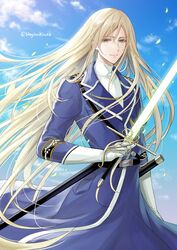  1boy artist_name bishounen blonde_hair blue_eyes cloud gloves hagino_kouta holding holding_sword holding_weapon light_smile long_hair long_sleeves looking_at_viewer male_focus military military_uniform outdoors plunderer robert_du_vanvich sheath solo standing sword uniform very_long_hair weapon white_gloves 