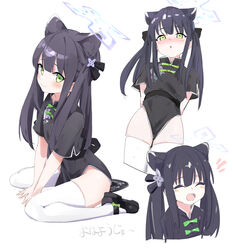  absurdres animal_ear_fluff animal_ears black_dress black_hair blue_archive blush china_dress chinese_clothes dress female green_eyes highres looking_at_viewer multiple_views ocha_(popopogg) ponytail shun_(blue_archive) shun_(kid)_(blue_archive) side_slit sidelocks smile tassel thighhighs tiger_ears tiger_girl twintails two_side_up white_legwear 