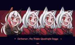  4girls :d abineko animal_ears arm_garter blush breasts cerberus_(helltaker) cleavage commentary crossover dog_ears english_commentary english_text girls&#039;_frontline helltaker highres long_hair looking_at_viewer m4_sopmod_ii_(girls&#039;_frontline) multiple_girls necktie odd_one_out oerba_yun_fang open_mouth red_eyes scarf siblings sisters smile trait_connection triplets vest waistcoat white_hair 