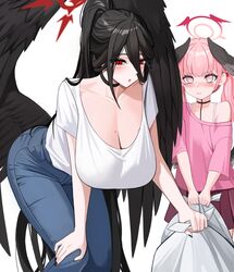  2girls absurdres bent_over black_choker black_hair black_nails black_wings blue_archive blush breasts choker ddog feathered_wings hair_between_eyes halo hanging_breasts hasumi_(blue_archive) head_wings highres holding huge_breasts koharu_(blue_archive) long_hair low_wings mole mole_under_eye multiple_girls pants pink_hair red_eyes shirt_tucked_in short_sleeves skirt twintails very_long_hair white_background wings 