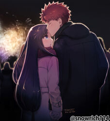  1boy alternate_hairstyle black_hair blue_eyes closed_eyes commentary emiya_shirou fate/stay_night fate_(series) female fireworks highres iida_toyoyuki kissing kissing_forehead long_hair long_sleeves night night_sky outdoors red_hair short_hair sky straight tohsaka_rin 