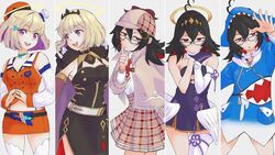  2girls :o ahoge alt_text animal_hood armpit_peek black_gloves black_hair blonde_hair breasts cape capelet colored_inner_hair column_lineup cosplay deerstalker detached_sleeves english_commentary enma-chan finger_to_mouth gawr_gura gawr_gura_(1st_costume) gawr_gura_(cosplay) glasses gloves halo hat highres hololive hololive_english holomyth hood jenma-chan medium_breasts mori_calliope mori_calliope_(cosplay) multicolored_hair multiple_girls ninomae_ina&#039;nis ninomae_ina&#039;nis_(cosplay) no_pants open_mouth orange_headwear own_hands_together purple_hair red_eyes red_hair redrawn shark_hood single_detached_sleeve single_thighhigh smile spikes takanashi_kiara takanashi_kiara_(cosplay) thighhighs tiara virtual_youtuber ware_to_nanji_ga_chikara_mote watson_amelia watson_amelia_(1st_costume) watson_amelia_(cosplay) 