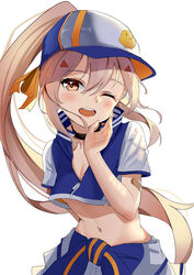  alternate_costume amco arm_behind_back ayanami_(azur_lane) azur_lane bandaid bandaid_on_arm baseball_cap baseball_uniform black_choker breasts choker cleavage crop_top female hair_between_eyes hair_ribbon hat highres leaning_forward long_hair midriff navel one_eye_closed open_mouth photoshop_(medium) platinum_blonde_hair ponytail ribbon short_sleeves sidelocks simple_background small_breasts smile solo sportswear standing teeth upper_teeth_only very_long_hair white_background yellow_eyes yellow_ribbon 