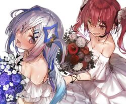  2girls :d akieda alternate_costume amane_kanata anger_vein bare_shoulders black_choker blue_flower blue_hair blue_rose bouquet breasts calla_lily choker cleavage collarbone colored_inner_hair commentary_request dress flower hair_between_eyes highres hololive houshou_marine long_hair looking_at_another multicolored_hair multiple_girls oerba_yun_fang off-shoulder_dress off_shoulder open_mouth poking red_eyes red_flower red_hair red_rose rose short_sleeves simple_background skin_fang smile streaked_hair twintails two_side_up virtual_youtuber wedding_dress white_dress white_flower white_rose yellow_eyes 