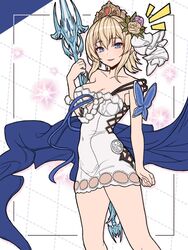  bare_shoulders blonde_hair blue_eyes blue_ribbon blush border breasts cleavage collarbone dotted_line dress europa_(granblue_fantasy) female flower granblue_fantasy grid_background hair_flower hair_ornament highres large_breasts ll_0109 looking_at_viewer outside_border polearm ribbon short_dress short_hair smile solo thighs tiara weapon white_dress 