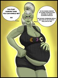  1girls bottomwear breasts cleavage clothing dialogue english_text female female_only green_skin huge_breasts open_mouth orc orc_female pointy_ears pregnant smashmasterson solo teeth text topwear 