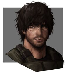  1boy areyoucracked bad_id bad_twitter_id beard black_hair brown_eyes carlos_oliveira facial_hair full_beard green_vest looking_to_the_side male_focus mature_male parted_lips portrait resident_evil resident_evil_3:_nemesis resident_evil_3_(remake) short_hair simple_background smile solo vest 