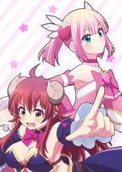  2girls ahoge arm_up bare_shoulders blue_eyes blunt_bangs bow bowtie breasts brown_eyes chiyoda_momo cleavage crisis_management_form_(machimazo) demon_girl demon_horns detached_collar detached_sleeves dress frilled_sleeves frills gold_trim highres horns index_finger_raised large_breasts long_hair long_sleeves looking_at_viewer machikado_mazoku magical_girl multiple_girls oerba_yun_fang open_mouth pink_dress pink_hair pointing pointing_at_viewer red_hair revealing_clothes short_dress sidelocks skin_fang star_(symbol) striped striped_background tail waist_cape watasi yoshida_yuuko_(machikado_mazoku) 