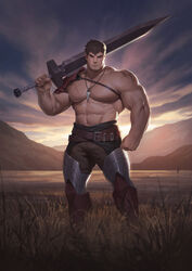  1boy abs absurdres armor armored_boots bara belt boots brown_belt brown_pants closed_mouth commission dota:_dragon&#039;s_blood dota_(series) dota_2 dragon_knight_(dota) highres holding holding_sword holding_weapon jewelry large_pectorals looking_at_viewer male_focus muscular muscular_male nat_vitchayed navel necklace nipples outdoors pants pauldrons pectorals scar scar_on_arm scar_on_chest short_hair shoulder_armor single_pauldron solo sword topless_male weapon 