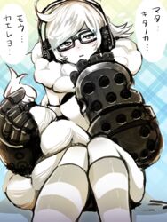  abyssal_ship black-framed_eyewear black_eyes braid colored_skin commentary_request female glasses hair_scarf headphones kantai_collection kneehighs long_hair looking_at_viewer parted_lips power_fist simple_background single_braid sitting socks solo speech_bubble striped_clothes striped_socks supply_depot_princess tomamatto translation_request very_long_hair white_hair white_skin 