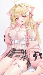  absurdres ahoge animal_ear_fluff animal_ears belt blonde_hair breasts cardigan cat_ears cat_girl cat_tail cleavage cleavage_cutout clothing_cutout commission female fishnet_socks fishnets hair_ornament hair_ribbon heart heart_ahoge highres jacket kemomimi_refle! long_hair looking_at_viewer multicolored_hair nekoma_karin off-shoulder_shirt off_shoulder open_mouth panties pantyshot pink_cardigan pink_hair pink_jacket pink_shirt plaid plaid_skirt puffy_sleeves red_eyes ribbon shano_hiyori shirt sitting skeb_commission skirt smile socks solo tail tail_ornament tail_ribbon underwear virtual_youtuber white_background white_panties wing_hair_ornament 