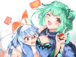  2girls animal_ears arm_around_neck breasts cleavage cleavage_cutout clothing_cutout cosplay crossover double_bun elphe from_above green_eyes hair_bun hair_ornament heart highres holding holding_poke_ball hololive looking_down looking_up multiple_girls one_eye_closed open_hand open_mouth poke_ball pokemon rabbit_ears rabbit_girl scorbunny scorbunny_(cosplay) scorch_mark short_eyebrows short_hair skull_hair_ornament small_breasts spoken_heart tearing_up trait_connection uruha_rushia uruha_rushia_(1st_costume) usada_pekora usada_pekora_(1st_costume) virtual_youtuber 