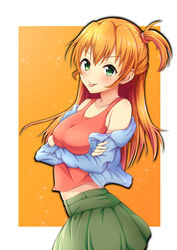  bare_shoulders blue_jacket blush border breasts brown_hair collarbone cowboy_shot crossed_arms female from_side green_eyes green_skirt hair_tie hands_up highres idolmaster idolmaster_dearly_stars jacket long_hair long_sleeves looking_at_viewer medium_breasts midriff_peek nagmilk off_shoulder open_clothes open_jacket orange_background outside_border red_shirt sakurai_yumeko shirt side_ponytail skirt sleeveless sleeveless_shirt smile solo sparkle standing tongue tongue_out v-shaped_eyebrows white_border 