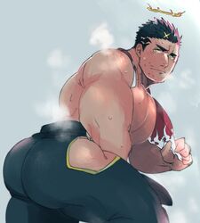  1boy ass ass_focus bad_id bara black_hair body_blush closed_mouth facial_hair fire flaming_halo halo inactive_account large_pectorals male_focus muscular muscular_male pectorals po_fu short_hair solo steaming_body stubble thick_thighs thighs tokyo_afterschool_summoners topless_male towel towel_around_neck zabaniyya_(housamo) 