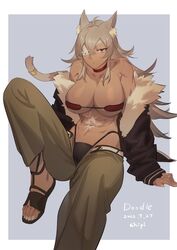  animal_ears breasts brown_hair dark-skinned_female dark_skin eyebrows_hidden_by_hair eyepatch female ghislaine_dedoldia hair_between_eyes highres large_breasts long_hair looking_at_viewer mushoku_tensei red_eyes scar shipl sitting solo stomach tail wolf_ears wolf_girl wolf_tail 