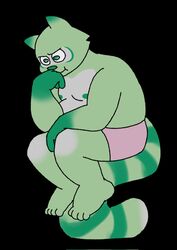  4_toes anthro bottomwear clothing digital_media_(artwork) feet fred_(fredrick_brennan) fur green_body green_fur hand_on_face hi_res male mammal mouth_closed nipples overweight overweight_male pocketfurry procyonid raccoon shorts sitting slightly_chubby slightly_chubby_anthro slightly_chubby_male solo the_thinker thinking toes 