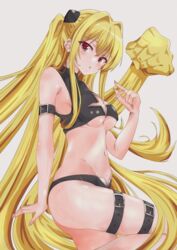  amanotti_01 arm_at_side bikini black_bikini blonde_hair blush breasts cleavage cleavage_cutout clenched_hand clothing_cutout commentary cone_hair_bun cowboy_shot cross_cutout crossed_bangs curvy female fingernails from_side grey_background hair_between_eyes hair_bun hair_intakes highres incoming_attack incoming_punch konjiki_no_yami living_hair long_hair looking_at_viewer medium_breasts navel parted_lips punching red_eyes sidelocks simple_background solo standing swimsuit thigh_strap thighs to_love-ru to_love-ru_darkness tsurime two_side_up underboob very_long_hair 