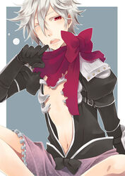  1boy apron armor assassin_cross_(ragnarok_online) black_shirt blue_background border butterfly_sitting commentary_request frilled_apron frills gauntlets hair_between_eyes highres looking_at_viewer male_focus navel one_eye_closed open_clothes open_mouth open_shirt pauldrons pink_apron ragnarok_online red_eyes red_scarf scarf shirt short_hair shoulder_armor shy_(ragnarok_online) simple_background sitting solo teeth torn_clothes torn_scarf waist_apron white_border white_hair yutsuki 