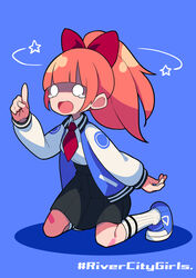  absurdres bandaid bandaid_on_knee bandaid_on_leg black_skirt blue_background blue_footwear bow commentary_request copyright_name crying crying_with_eyes_open dizzy fami_(yellow_skies) female full_body hairbow highres index_finger_raised jacket kneeling kunio-kun_series kyoko_(kunio-kun) long_hair long_sleeves necktie o_o open_clothes open_jacket open_mouth orange_hair pleated_skirt ponytail red_bow red_necktie river_city_girls simple_background skirt solo tears tennis track_jacket 