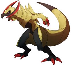  black_sclera blurry claws colored_sclera commentary_request from_side full_body haxorus morio_(poke_orio) no_humans pokemon pokemon_(creature) red_eyes simple_background solo standing white_background 