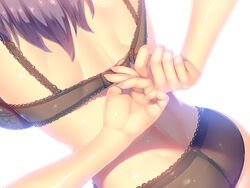  a.x. arms_behind_back ass back black_bra black_panties bra breasts dimples_of_venus female fingernails from_behind highres long_fingernails long_hair medium_breasts original panties purple_hair shiny_skin simple_background solo underwear underwear_only undressing white_background 