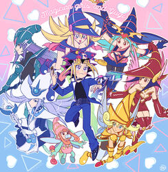  1boy 6+girls apple_magician_girl bare_shoulders belt berry_magician_girl black_shirt blonde_hair blush blush_stickers boots breasts card character_name chocolate_magician_girl cleavage closed_mouth commentary dark_magician_girl duel_disk duel_monster dyed_bangs fingernails green_eyes hair_between_eyes harem hat heart holding holding_card jacket kiwi_magician_girl koma_yoichi leg_up lemon_magician_girl long_hair long_sleeves multicolored_hair multiple_girls muto_yugi open_mouth pants purple_eyes purple_hair school_uniform shirt shoes silent_magician smile spiked_hair straight sweatdrop wand yu-gi-oh! yu-gi-oh!_the_dark_side_of_dimensions 